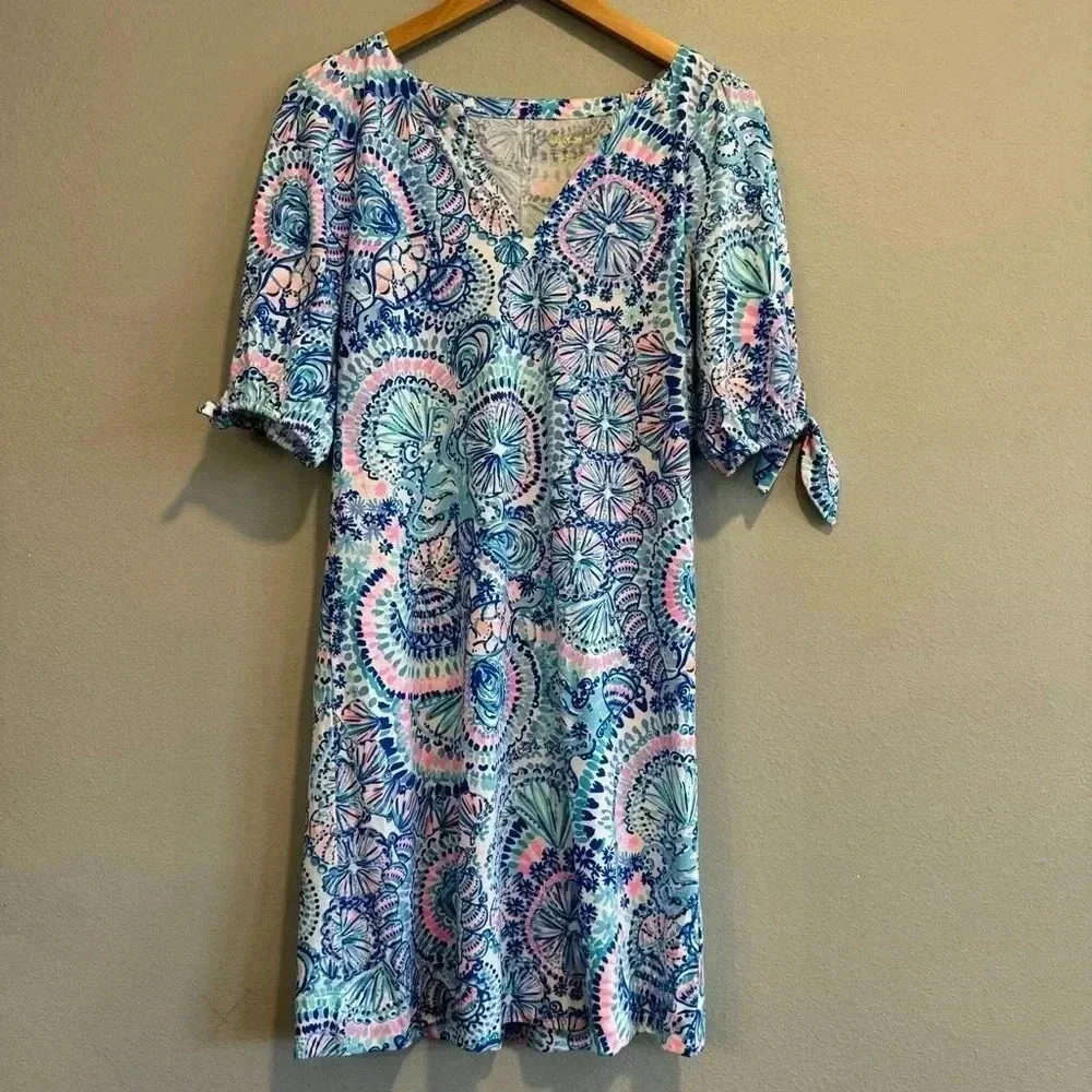 Lilly Pulitzer Shift Dress Short Sleeve V Neck Comfy Colorful Beach S